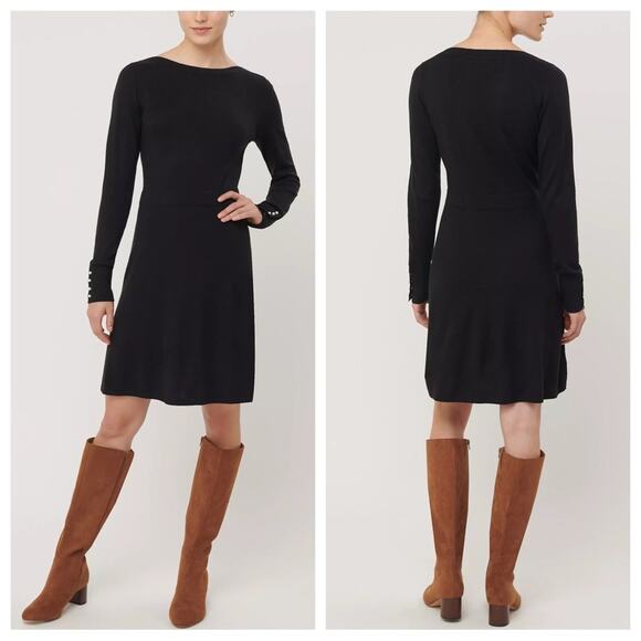 NWT LOFT Pearlized Cuff Flare Sweater Dress in Black - Size M - Picture 1 of 8